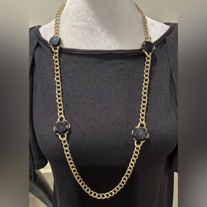 Black rhinestone onyx gem station necklace with gold tone curb chain long 30”